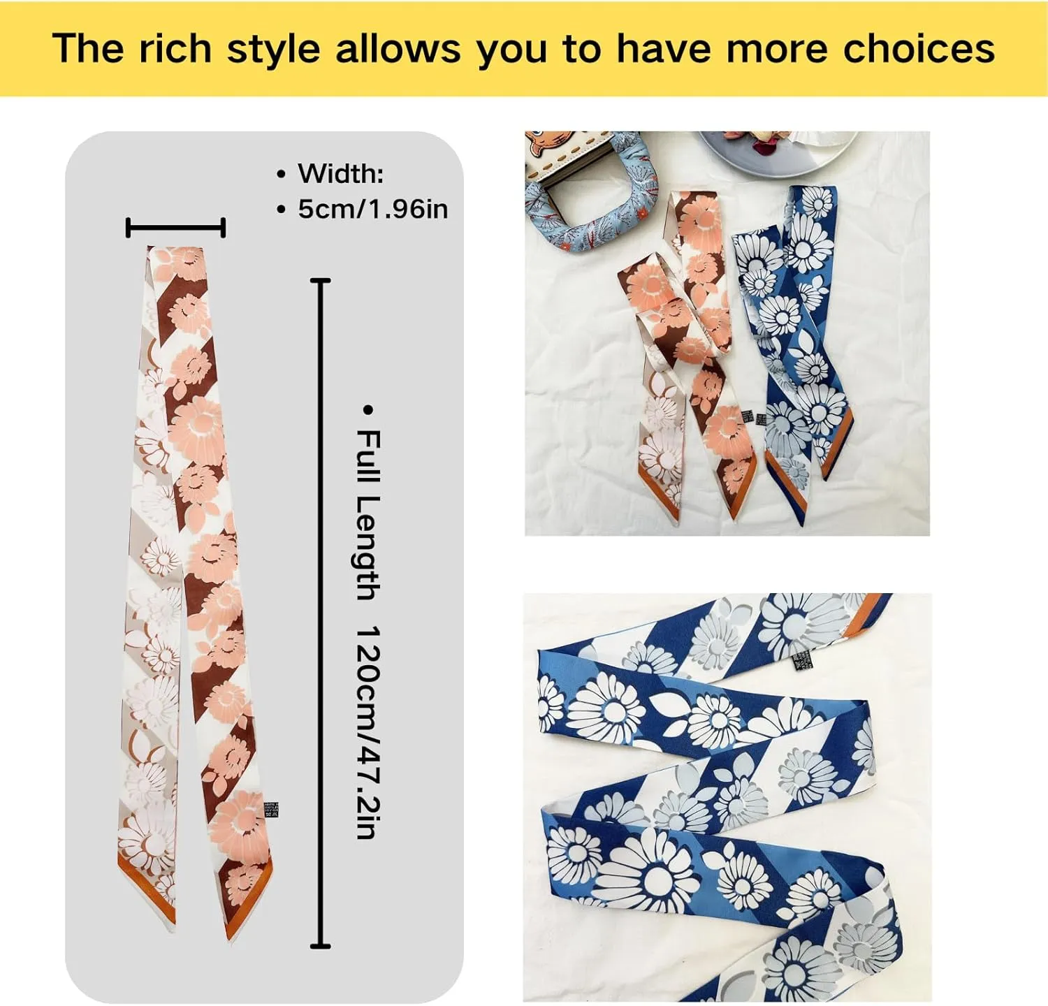 2 Pack Silk Purse Scarf For Handbags Head Hair Ribbon Fashion Skinny Scarf For Women Long Neckerchief