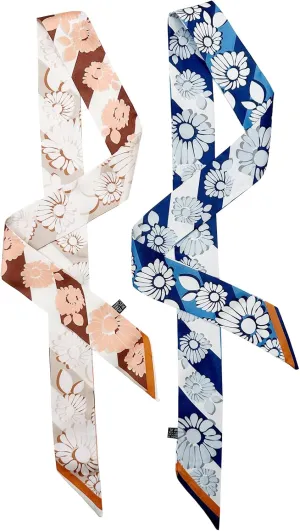 2 Pack Silk Purse Scarf For Handbags Head Hair Ribbon Fashion Skinny Scarf For Women Long Neckerchief