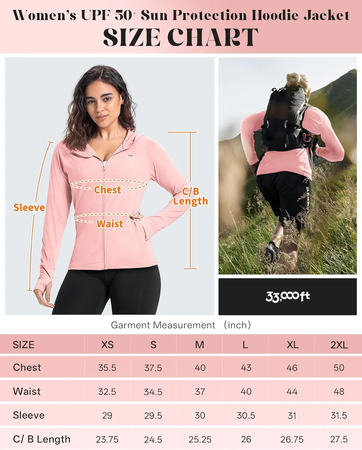 33,000ft Women's UPF 50  Sun Protection Jacket Lightweight Hoodie Zip Long Sleeve Athletic Shirt for Hiking Running