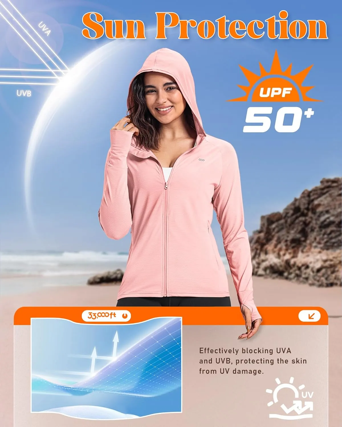 33,000ft Women's UPF 50  Sun Protection Jacket Lightweight Hoodie Zip Long Sleeve Athletic Shirt for Hiking Running