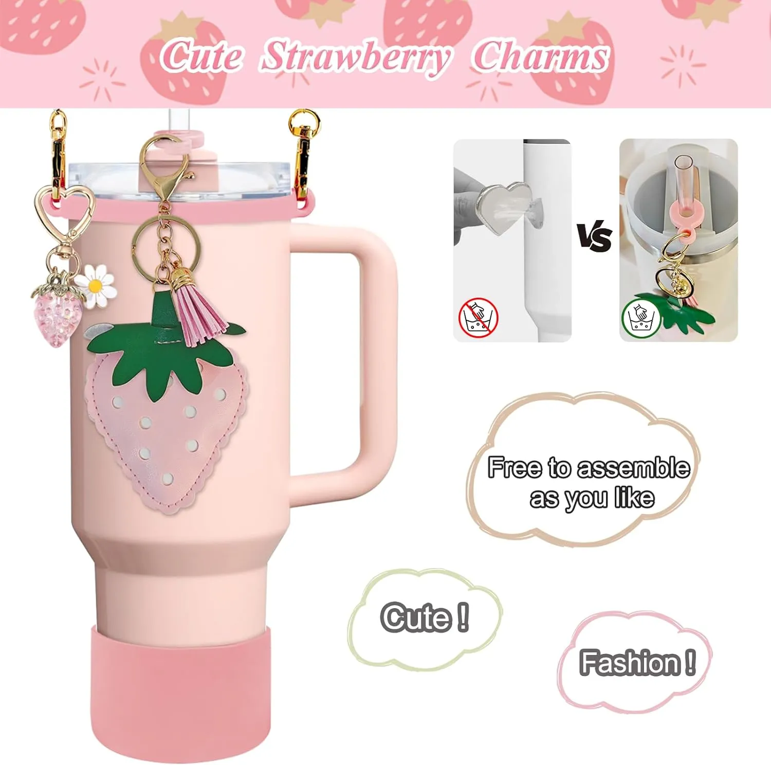 7PCS Strawberry Stanley Cup Accessories, Water Bottle Handle Strap for Stanley 30/40 oz, Including Straw Toppers, Silicone Cup Boot, Keychain Charms, Cup Decoration for Women Girls