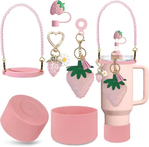 7PCS Strawberry Stanley Cup Accessories, Water Bottle Handle Strap for Stanley 30/40 oz, Including Straw Toppers, Silicone Cup Boot, Keychain Charms, Cup Decoration for Women Girls