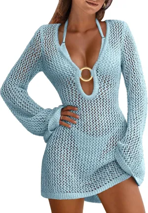 ANRABESS Women Beach Crochet Cover Ups Summer Knit Swimwear Mesh Bathing Suit Hollow Out Dress 2025 Vacation Swimsuit