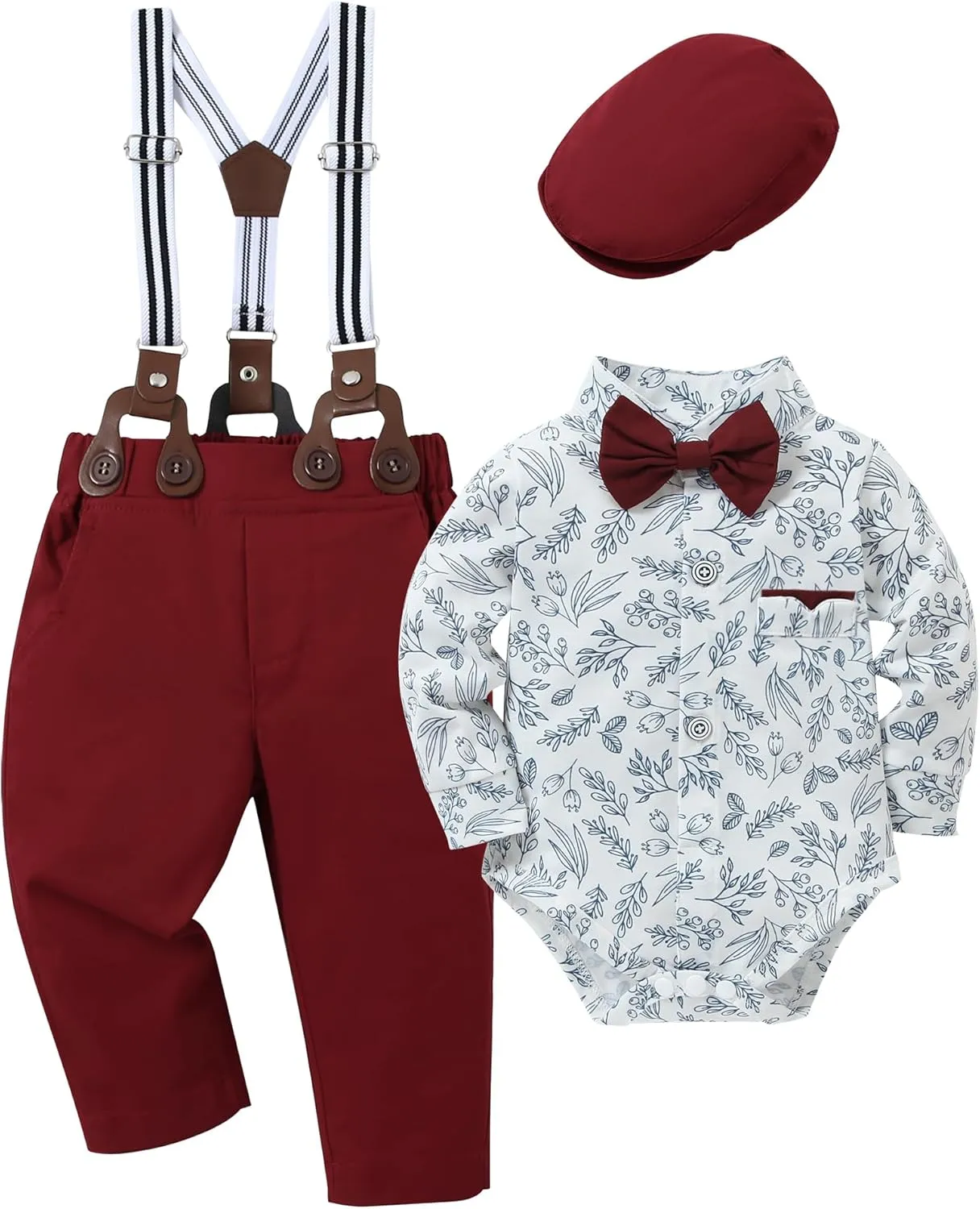 Baby Boy Clothes Suits 0-24M Infant Gentleman Outfit Long Sleeve Dress Shirt Suspender Pants Bowtie Beret Wedding Set