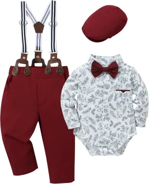 Baby Boy Clothes Suits 0-24M Infant Gentleman Outfit Long Sleeve Dress Shirt Suspender Pants Bowtie Beret Wedding Set