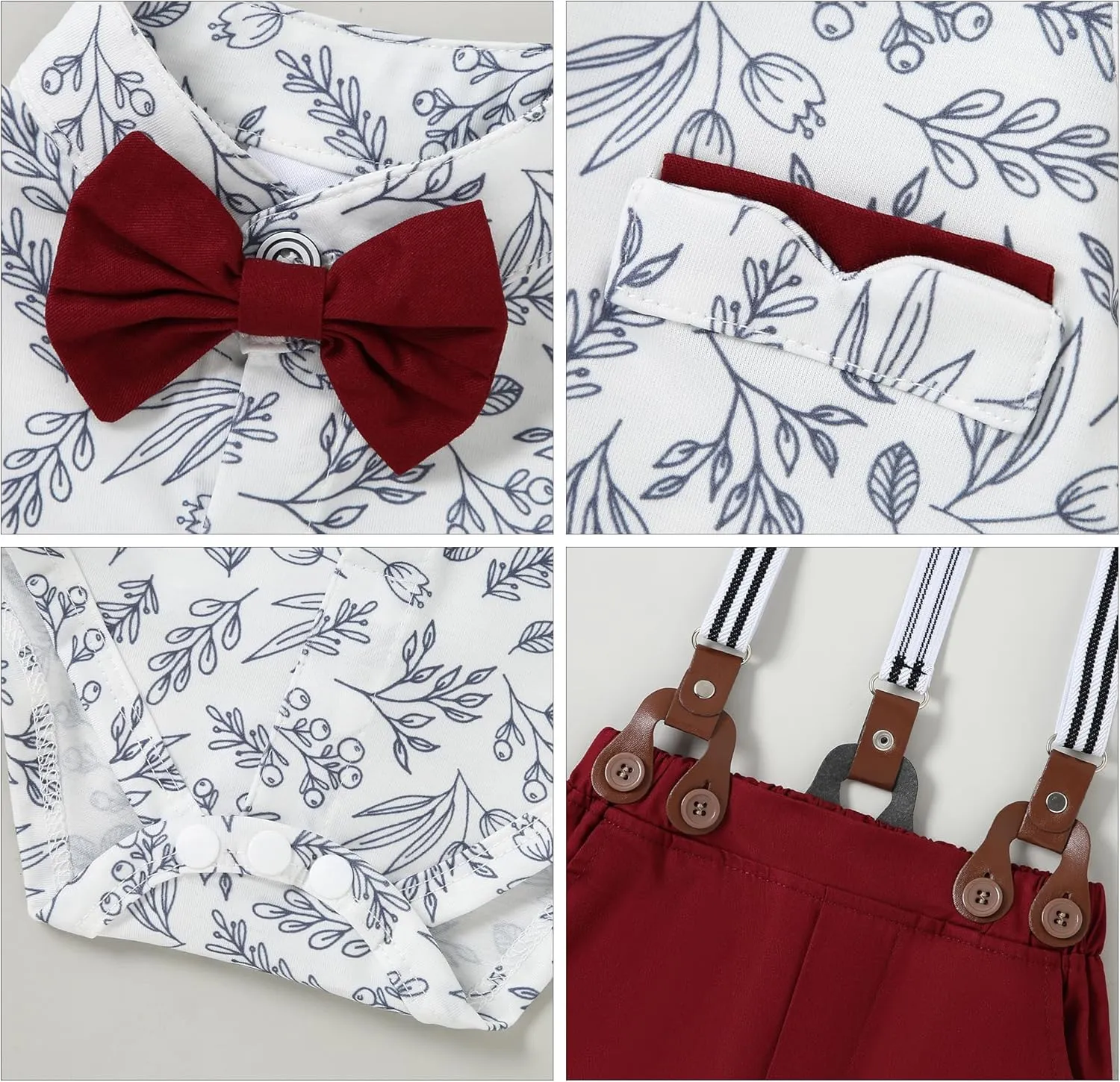 Baby Boy Clothes Suits 0-24M Infant Gentleman Outfit Long Sleeve Dress Shirt Suspender Pants Bowtie Beret Wedding Set