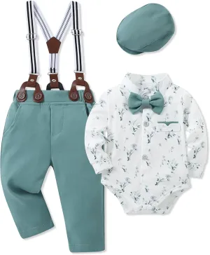 Baby Boy Clothes Suits 0-24M Infant Gentleman Outfit Long Sleeve Dress Shirt Suspender Pants Bowtie Beret Wedding Set