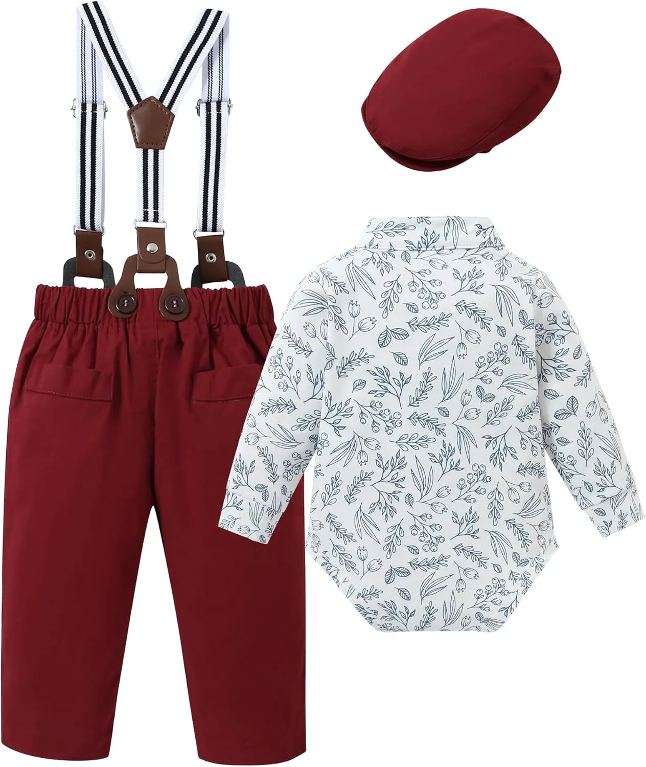 Baby Boy Clothes Suits 0-24M Infant Gentleman Outfit Long Sleeve Dress Shirt Suspender Pants Bowtie Beret Wedding Set