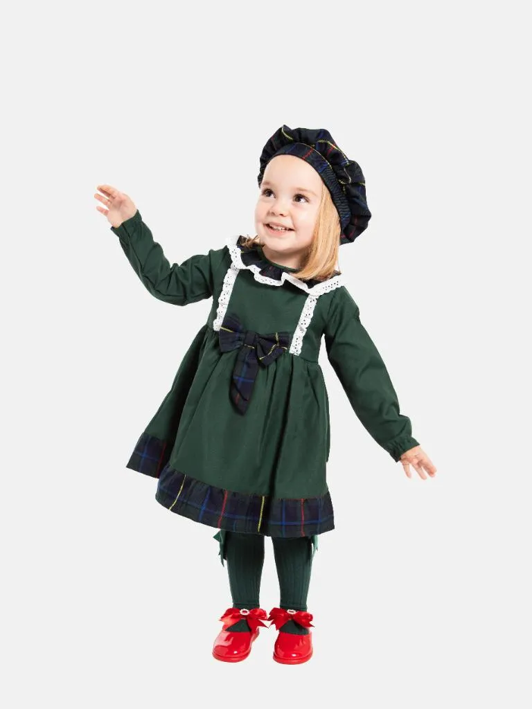 Baby Girl Star Collection Dress with Tartan Beret-Green