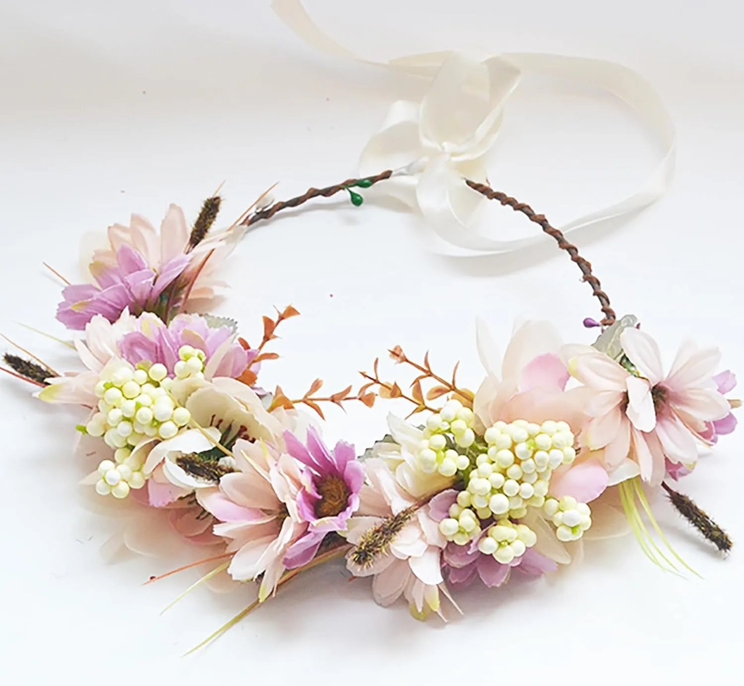 Fairy Flower Crown Woodland Headband Forest Headpiece for Women Girls Elven with Wristband Floral Circlet Bridal Wedding Prom Halloween Cosplay Photos Yellow