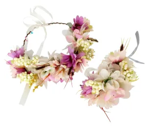 Fairy Flower Crown Woodland Headband Forest Headpiece for Women Girls Elven with Wristband Floral Circlet Bridal Wedding Prom Halloween Cosplay Photos Yellow
