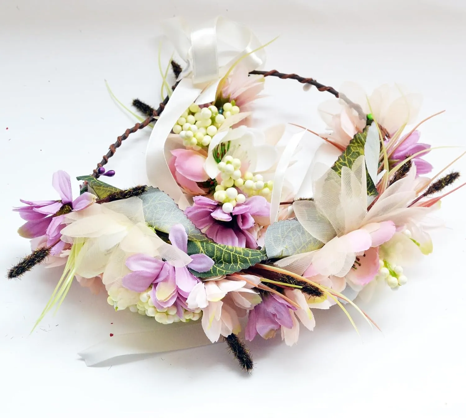 Fairy Flower Crown Woodland Headband Forest Headpiece for Women Girls Elven with Wristband Floral Circlet Bridal Wedding Prom Halloween Cosplay Photos Yellow
