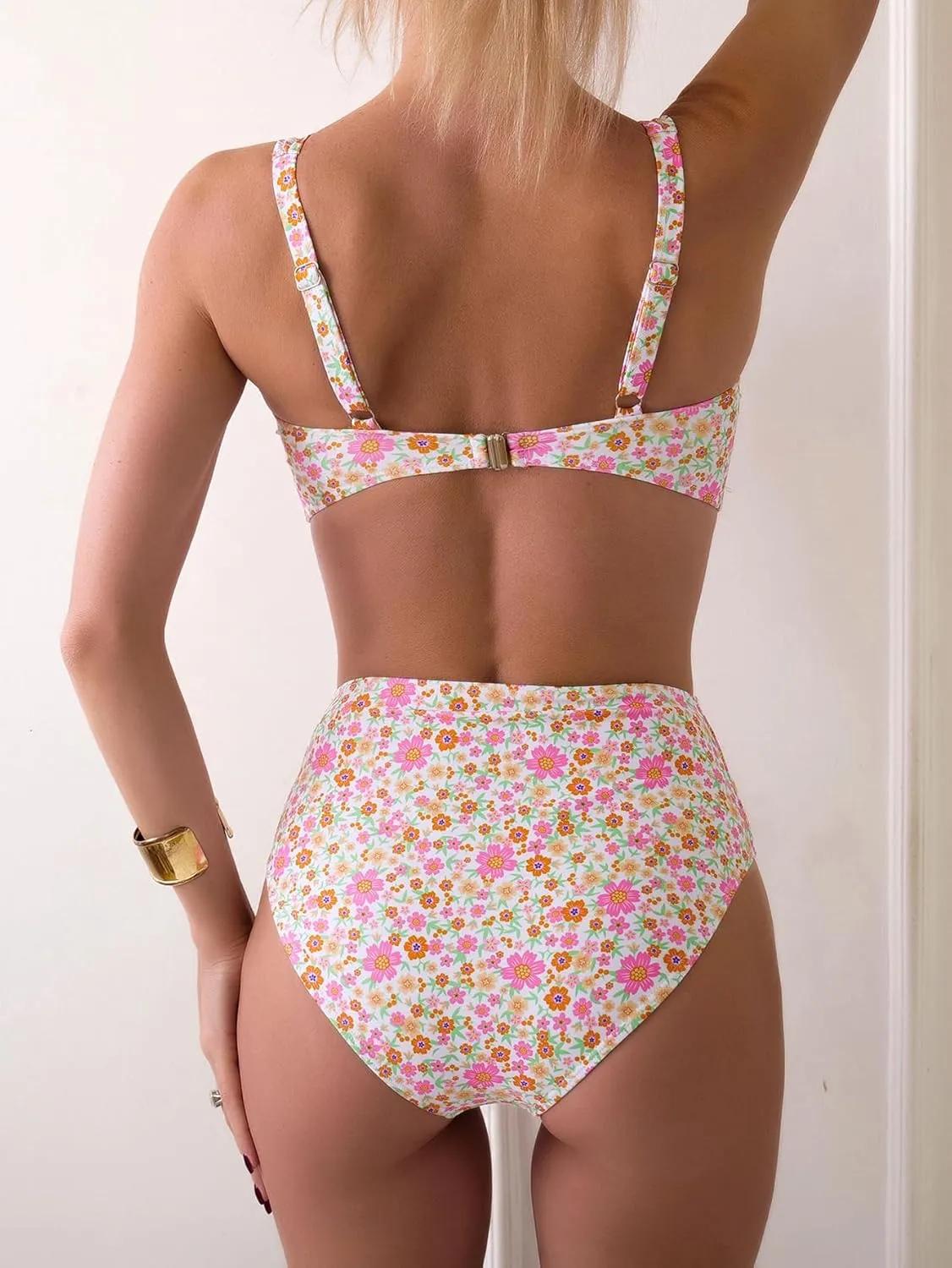 Fanuerg Women's High Waisted Bikini Sets Wide Straps Two Piece Swimsuit Floral Print Bathing Suits