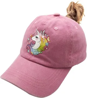 Girls' Adjustable Cute Unicorn Ponytail Cap, High Buns Baseball Dad Hat for 3-12 Years
