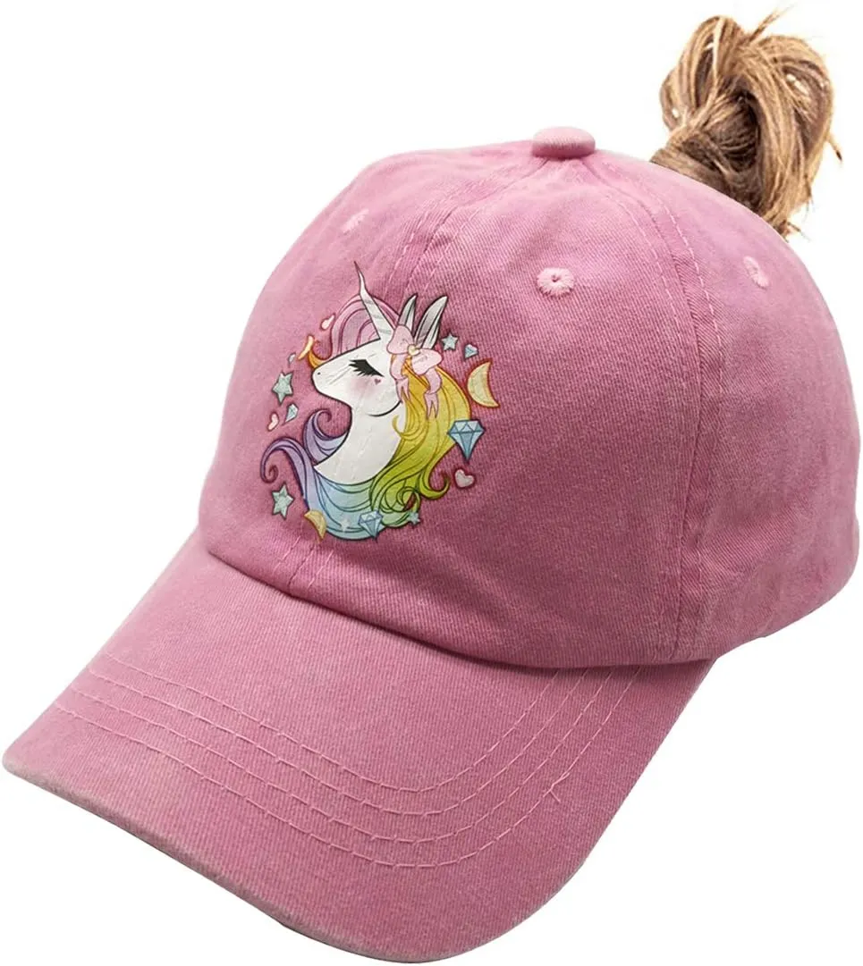Girls' Adjustable Cute Unicorn Ponytail Cap, High Buns Baseball Dad Hat for 3-12 Years