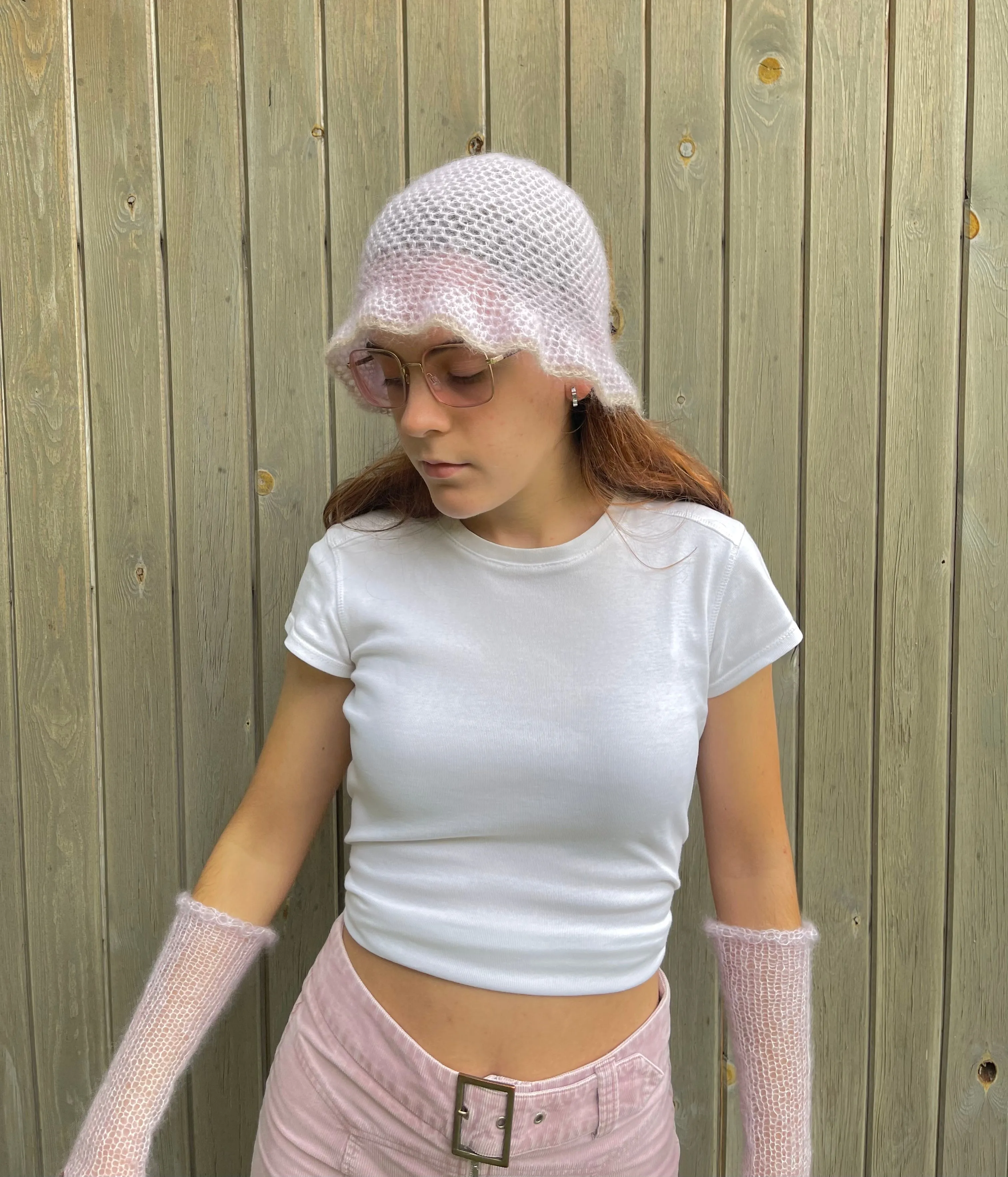 Handmade crochet mohair bucket hat in lilac with beige trim