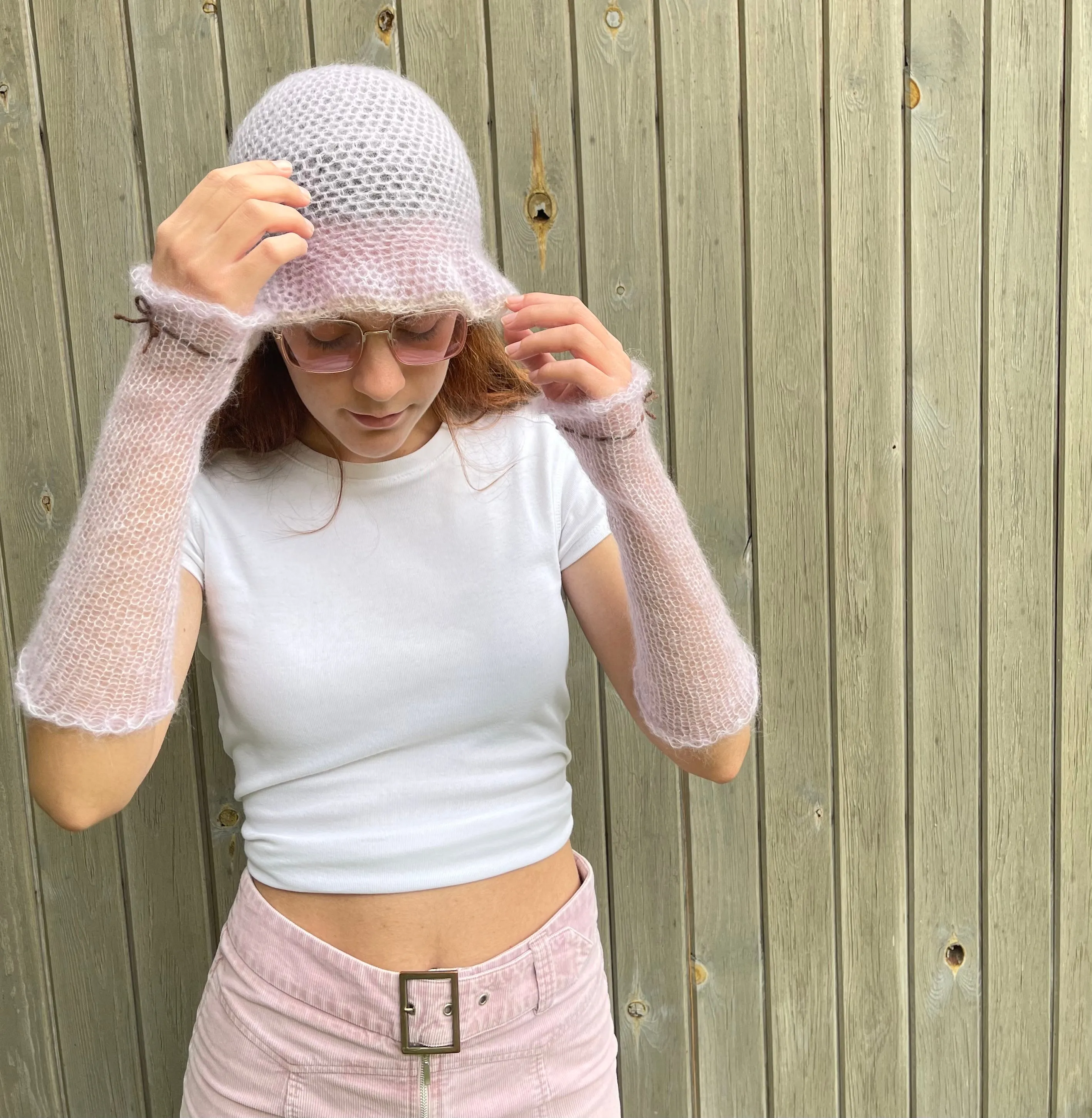 Handmade crochet mohair bucket hat in lilac with beige trim