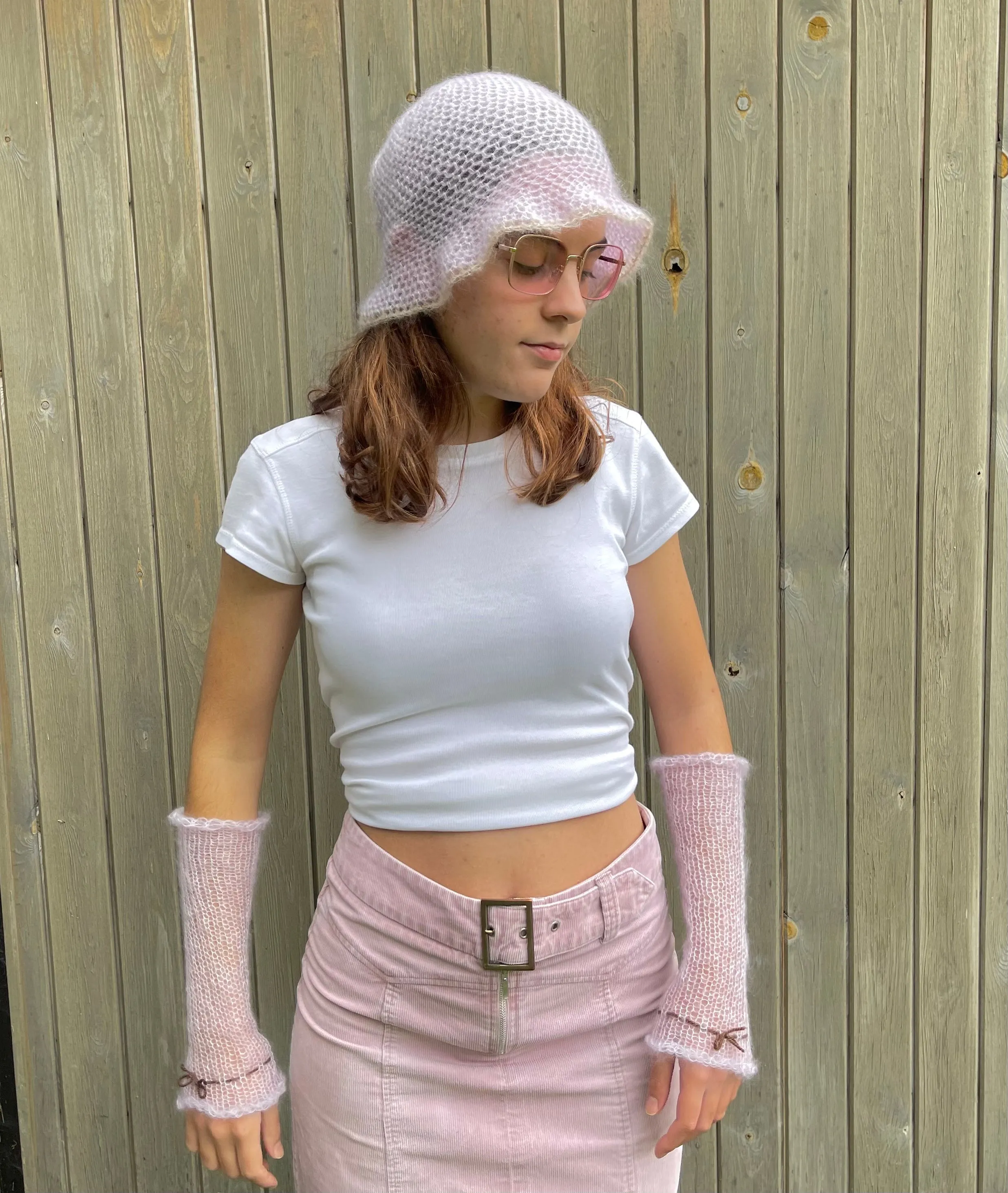 Handmade crochet mohair bucket hat in lilac with beige trim