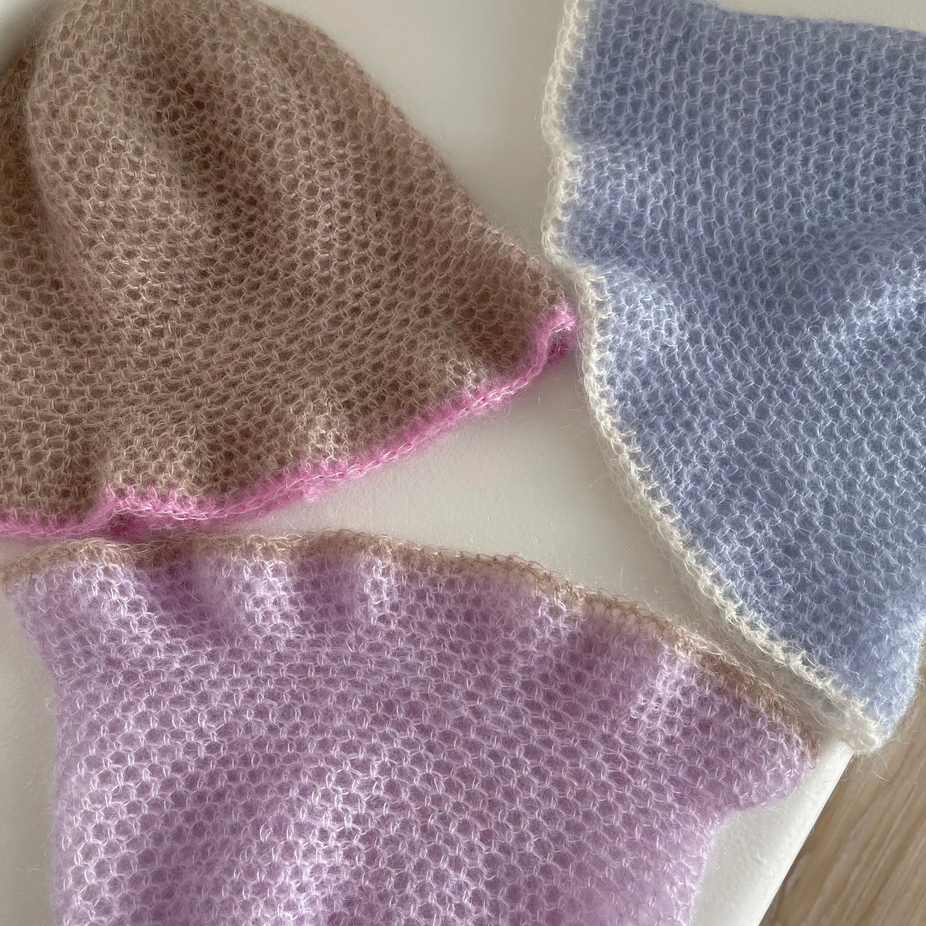 Handmade crochet mohair bucket hat in lilac with beige trim