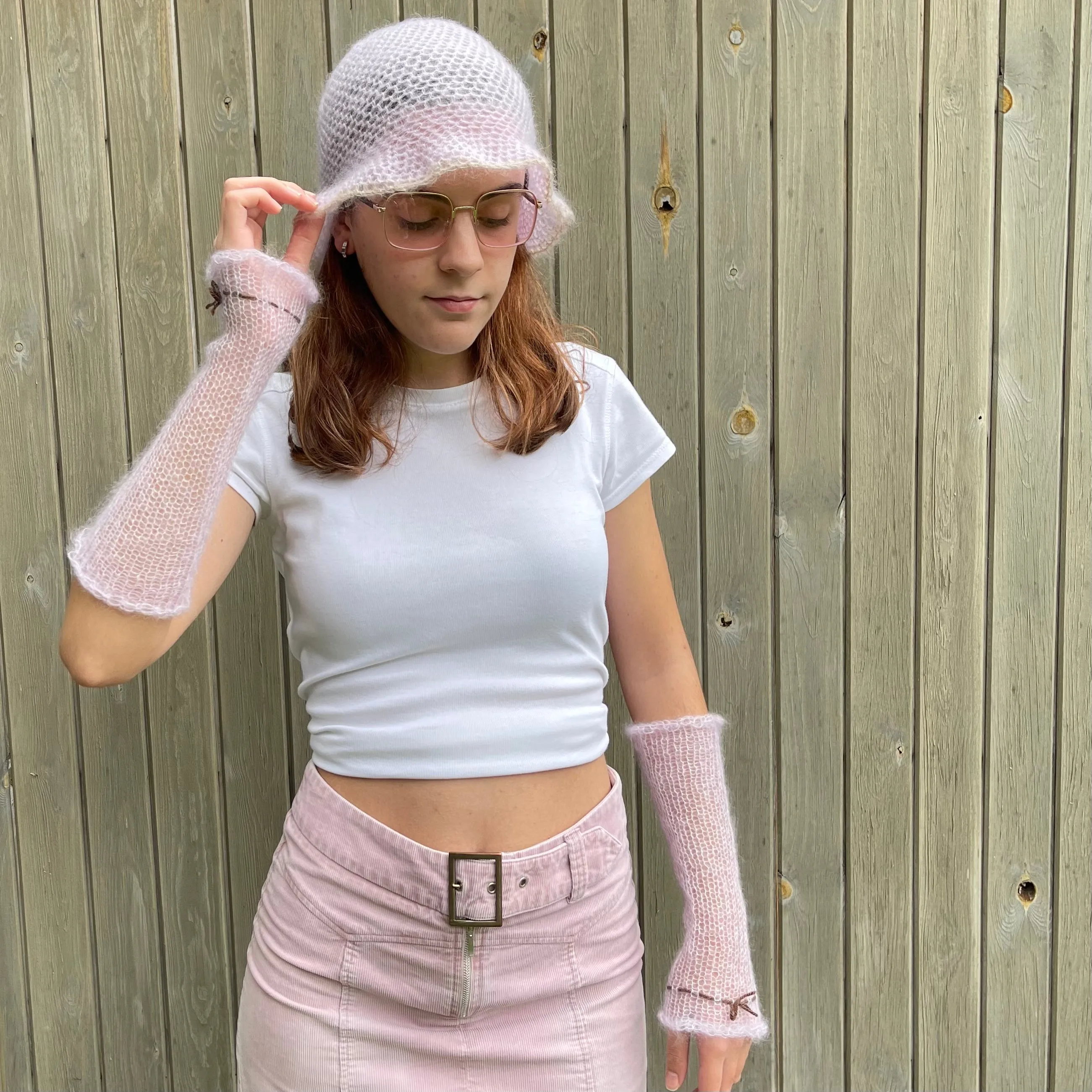 Handmade crochet mohair bucket hat in lilac with beige trim