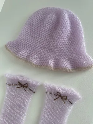 Handmade crochet mohair bucket hat in lilac with beige trim