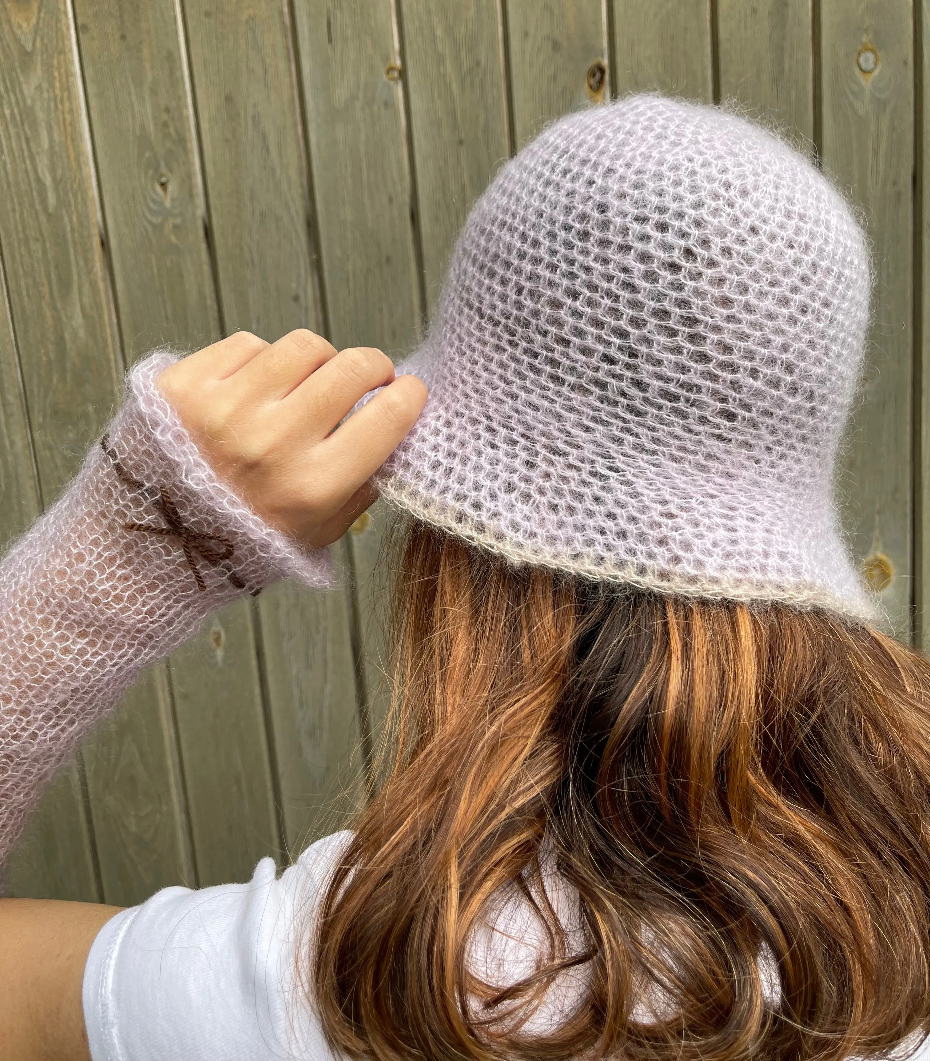 Handmade crochet mohair bucket hat in lilac with beige trim