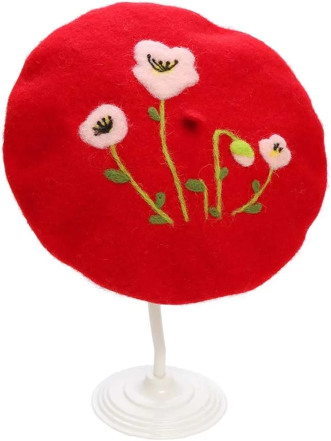 Handmade Wool Beret Hat French Style Needle Felt Flower Beanies Women Winter Autumn Cap