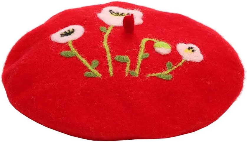 Handmade Wool Beret Hat French Style Needle Felt Flower Beanies Women Winter Autumn Cap