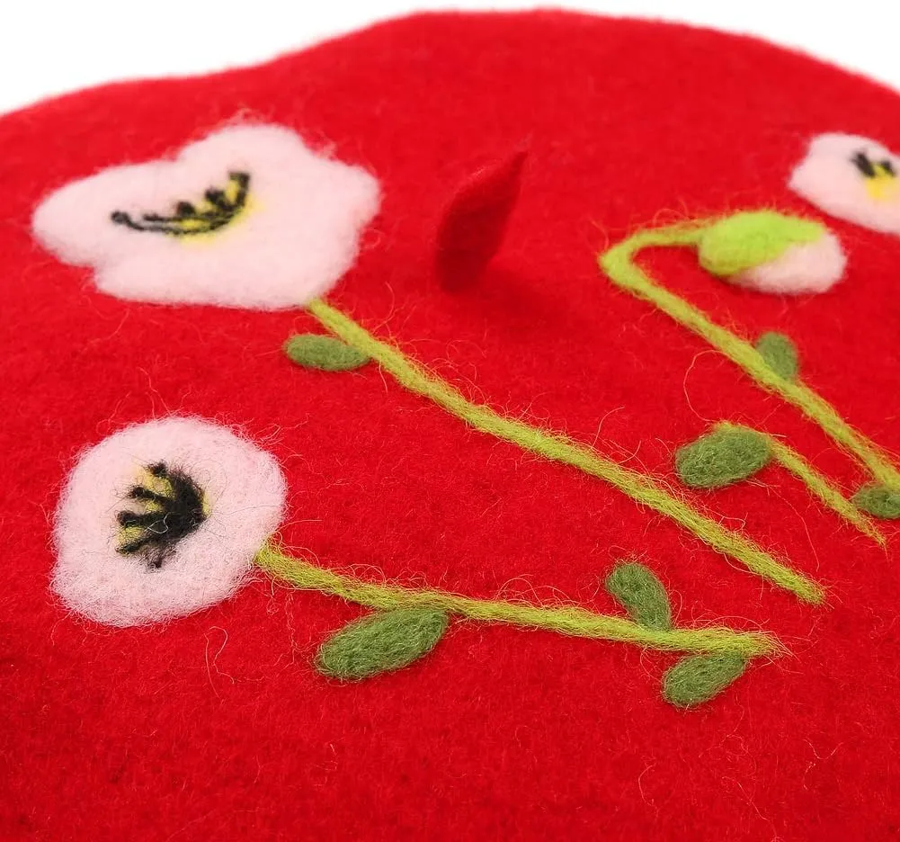 Handmade Wool Beret Hat French Style Needle Felt Flower Beanies Women Winter Autumn Cap