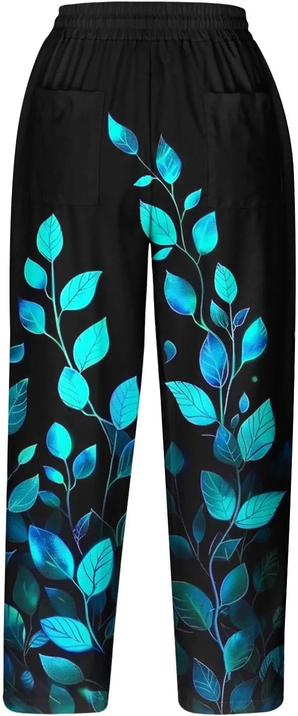 Hawaii Capri Pants for Women Casual Tropical Floral Print Pants Elastic High Waist Drawstring Summer Beach Trousers