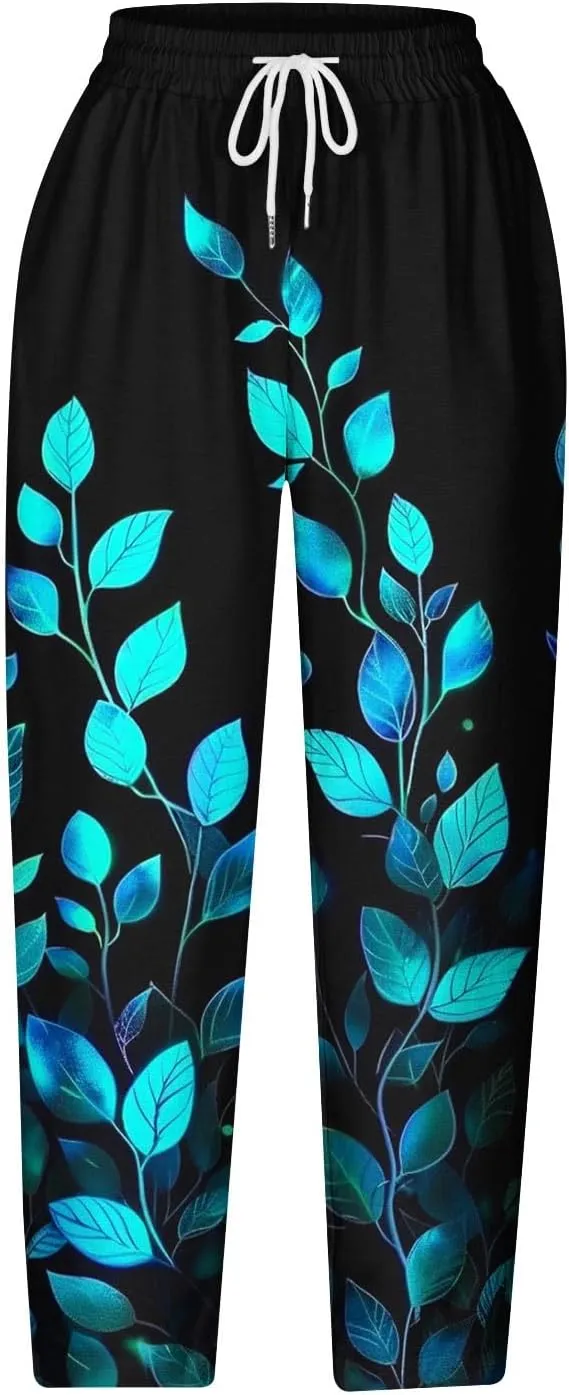 Hawaii Capri Pants for Women Casual Tropical Floral Print Pants Elastic High Waist Drawstring Summer Beach Trousers