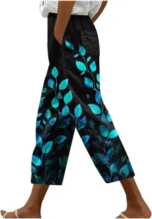 Hawaii Capri Pants for Women Casual Tropical Floral Print Pants Elastic High Waist Drawstring Summer Beach Trousers