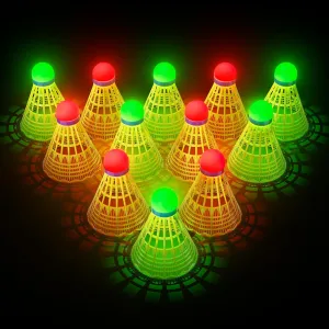 HIRALIY LED Badminton Birdies 6/12 PCS, 360 Nylon Glow in The Dark Badminton Shuttlecocks for Baseball Backyards Practice, 2 Color Plastic Light Up Birdie Ball Set for Indoor Outdoor Sports Activities
