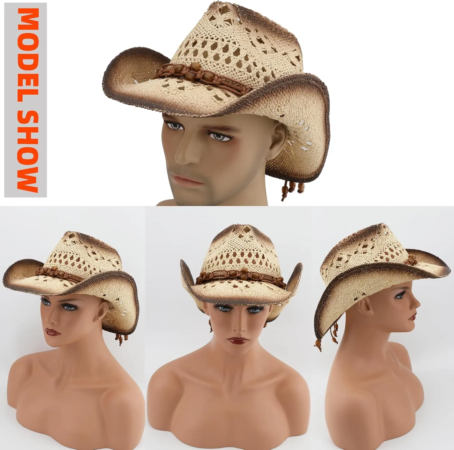 Men Women Cowgirl Straw Western Cowboy Hat