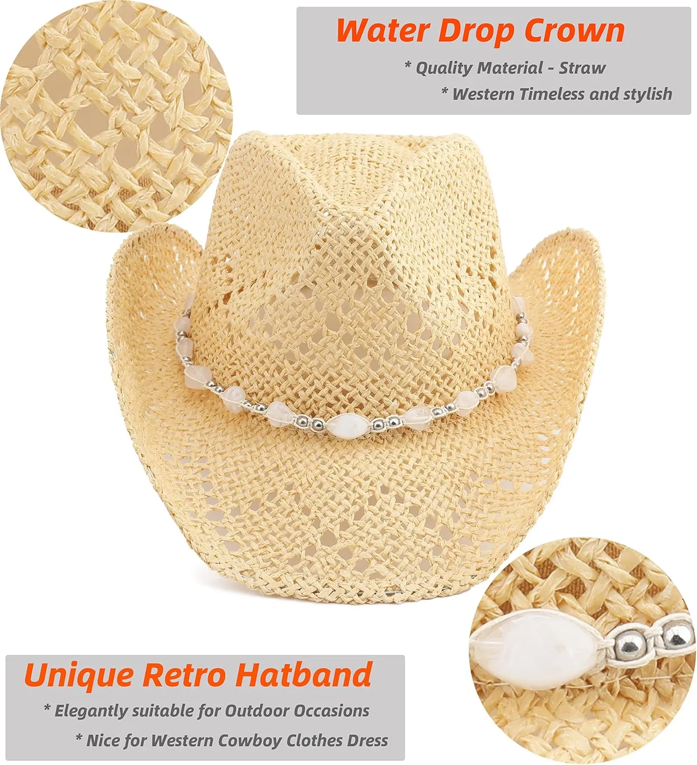 Men Women Cowgirl Straw Western Cowboy Hat