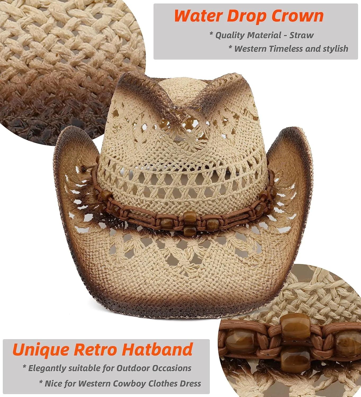 Men Women Cowgirl Straw Western Cowboy Hat