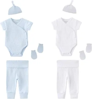 Newborn Infant Baby Boy Girl 100% Cotton Bodysuits Short Sleeve, Pants,Caps and Scratch Mittens Solid Color