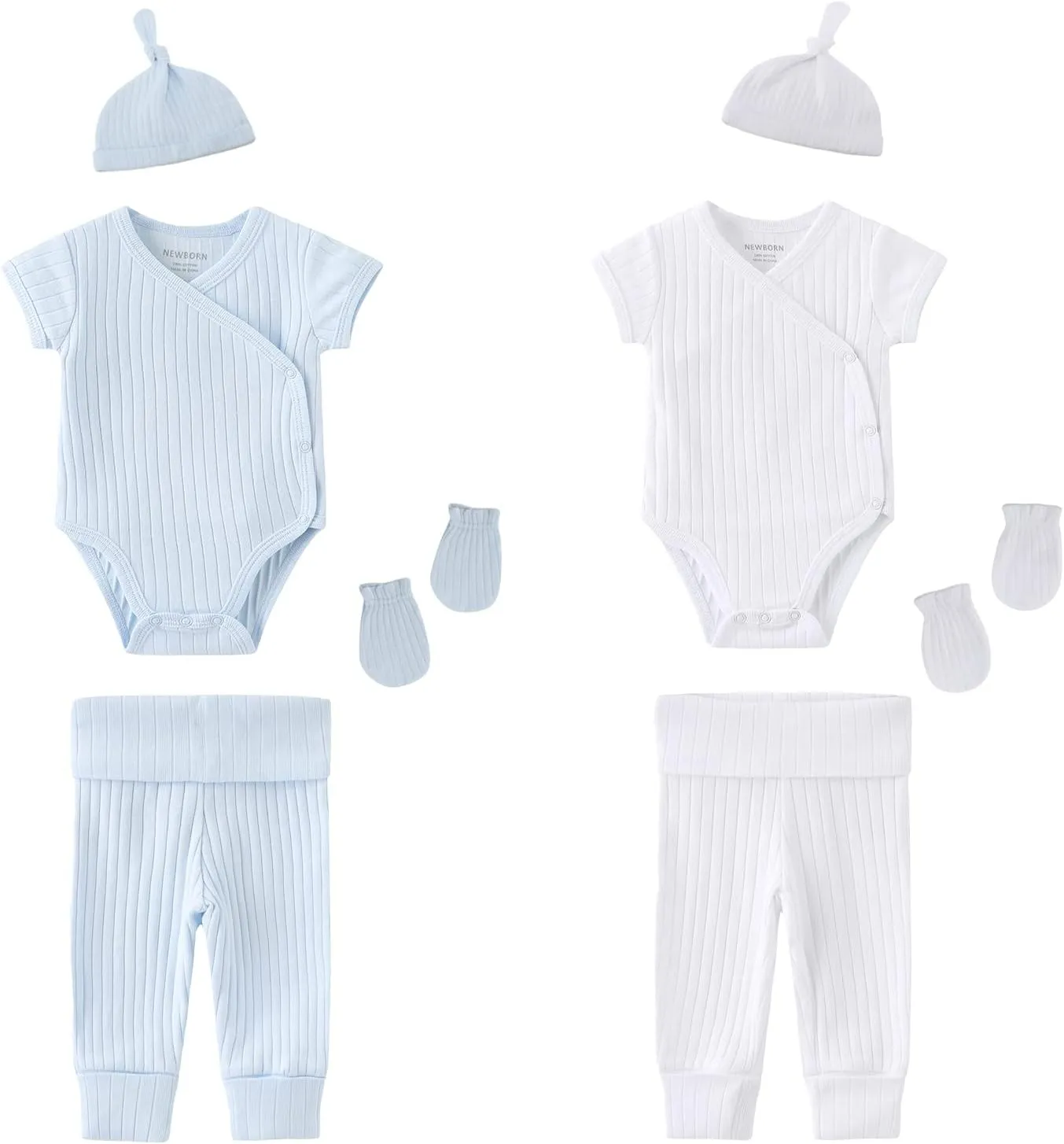 Newborn Infant Baby Boy Girl 100% Cotton Bodysuits Short Sleeve, Pants,Caps and Scratch Mittens Solid Color