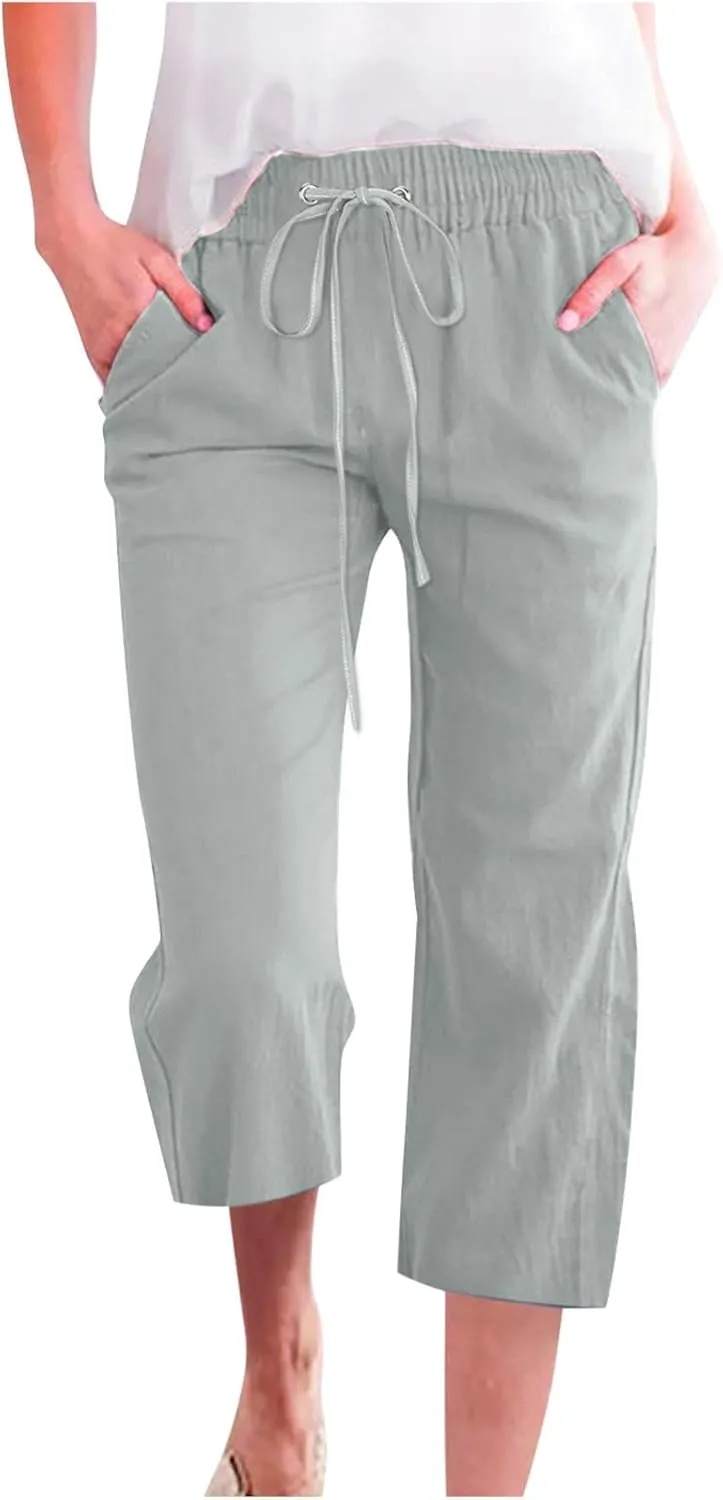 RKSTN Summer Capri Pants for Women Casual Cotton Linen Pants Straight Leg Vacation Beach Crop Pant with Pockets