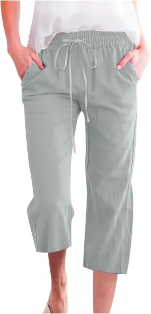 RKSTN Summer Capri Pants for Women Casual Cotton Linen Pants Straight Leg Vacation Beach Crop Pant with Pockets