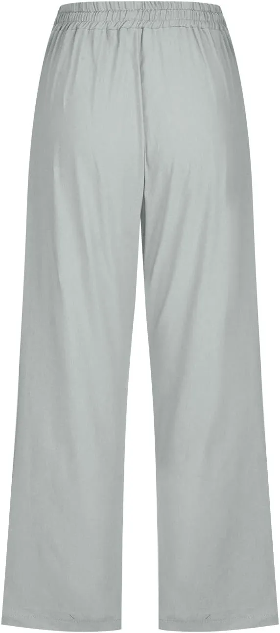 RKSTN Summer Capri Pants for Women Casual Cotton Linen Pants Straight Leg Vacation Beach Crop Pant with Pockets