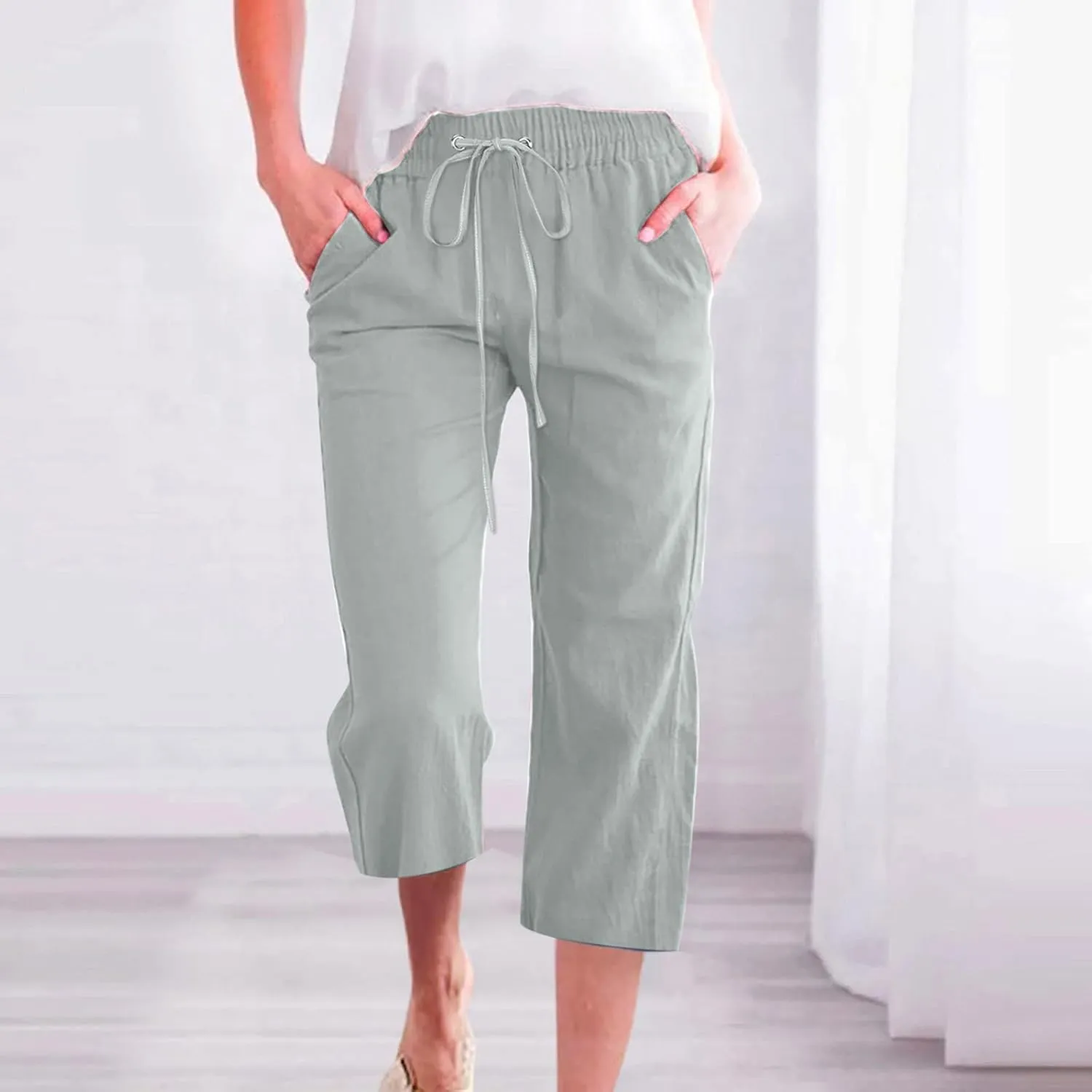 RKSTN Summer Capri Pants for Women Casual Cotton Linen Pants Straight Leg Vacation Beach Crop Pant with Pockets
