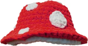 Spotted Knitted Mushroom Hat Crochet Bucket White Red Halloween Cosplay Roleplay Accessories Party Hats for Women Girls, Red/White, H005-D94A-00-0001