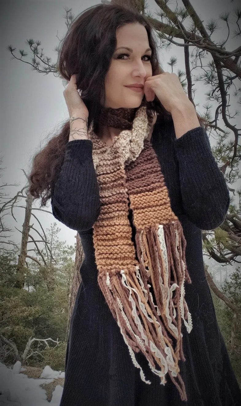 The "Autumn Tree" Knit Scarf with Vintage Lace Fringe