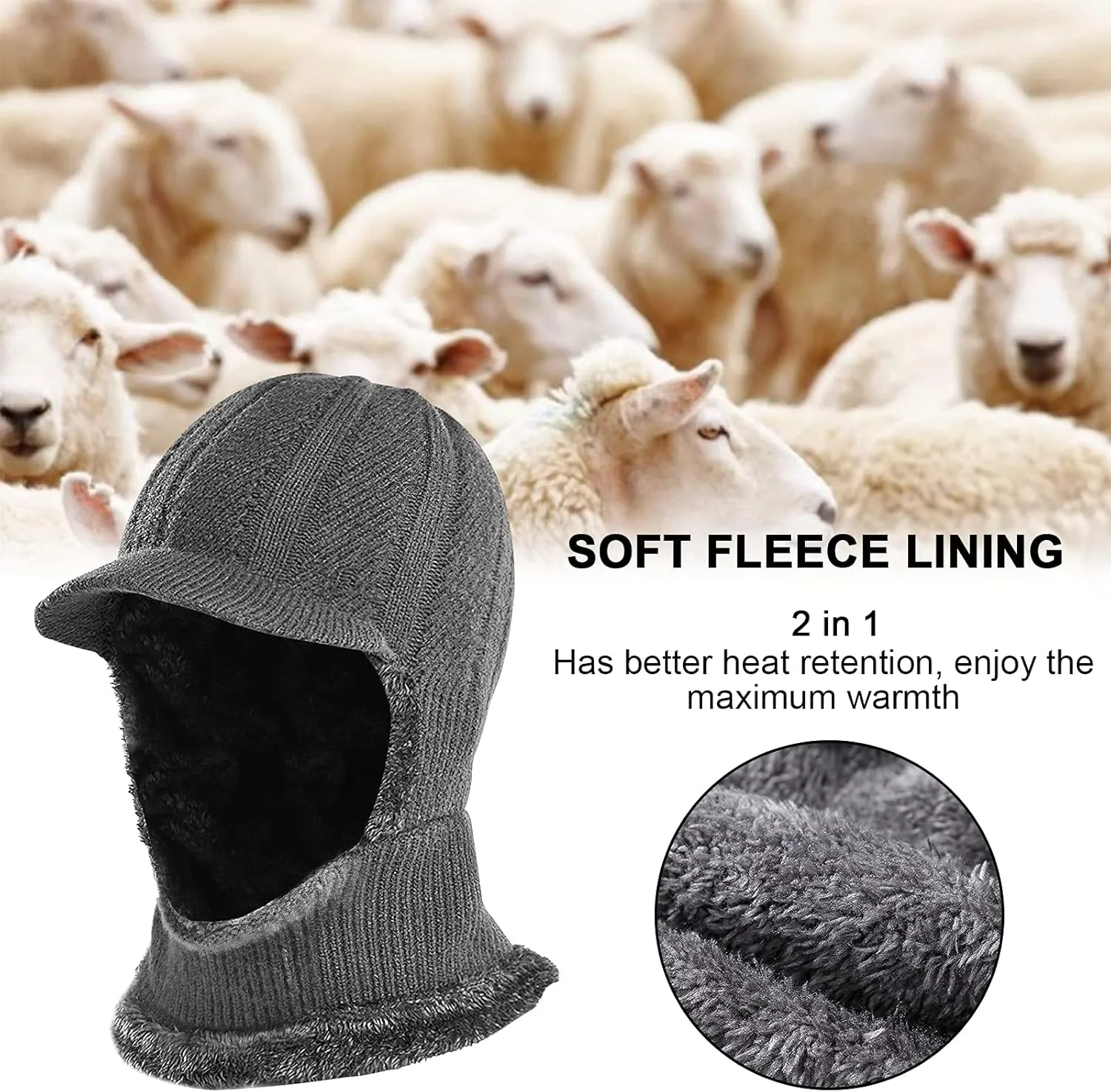 Winter Knitted Balaclava Beanie Hat Warm Cycling Ski Mask, Women Windproof Hood, Balaclavas Heavyweight Thermal Fleece