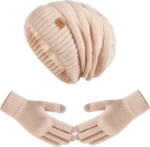 Women Beanie Hat Gloves Set Fleece Lined Winter Warm Hat Knit Touchscreen Gloves for Cold Weather