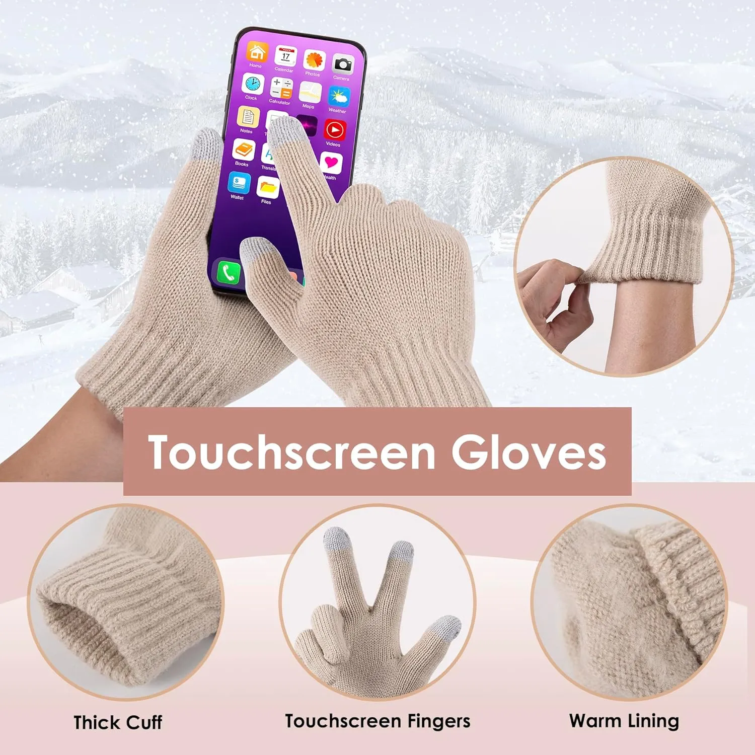 Women Beanie Hat Gloves Set Fleece Lined Winter Warm Hat Knit Touchscreen Gloves for Cold Weather