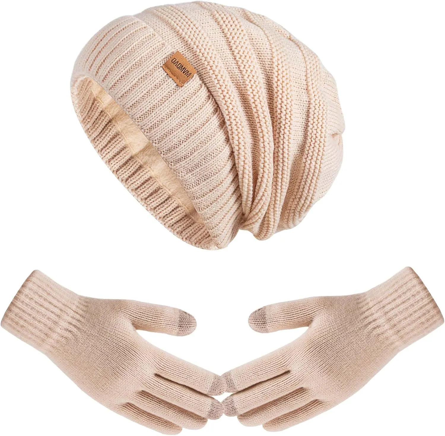 Women Beanie Hat Gloves Set Fleece Lined Winter Warm Hat Knit Touchscreen Gloves for Cold Weather