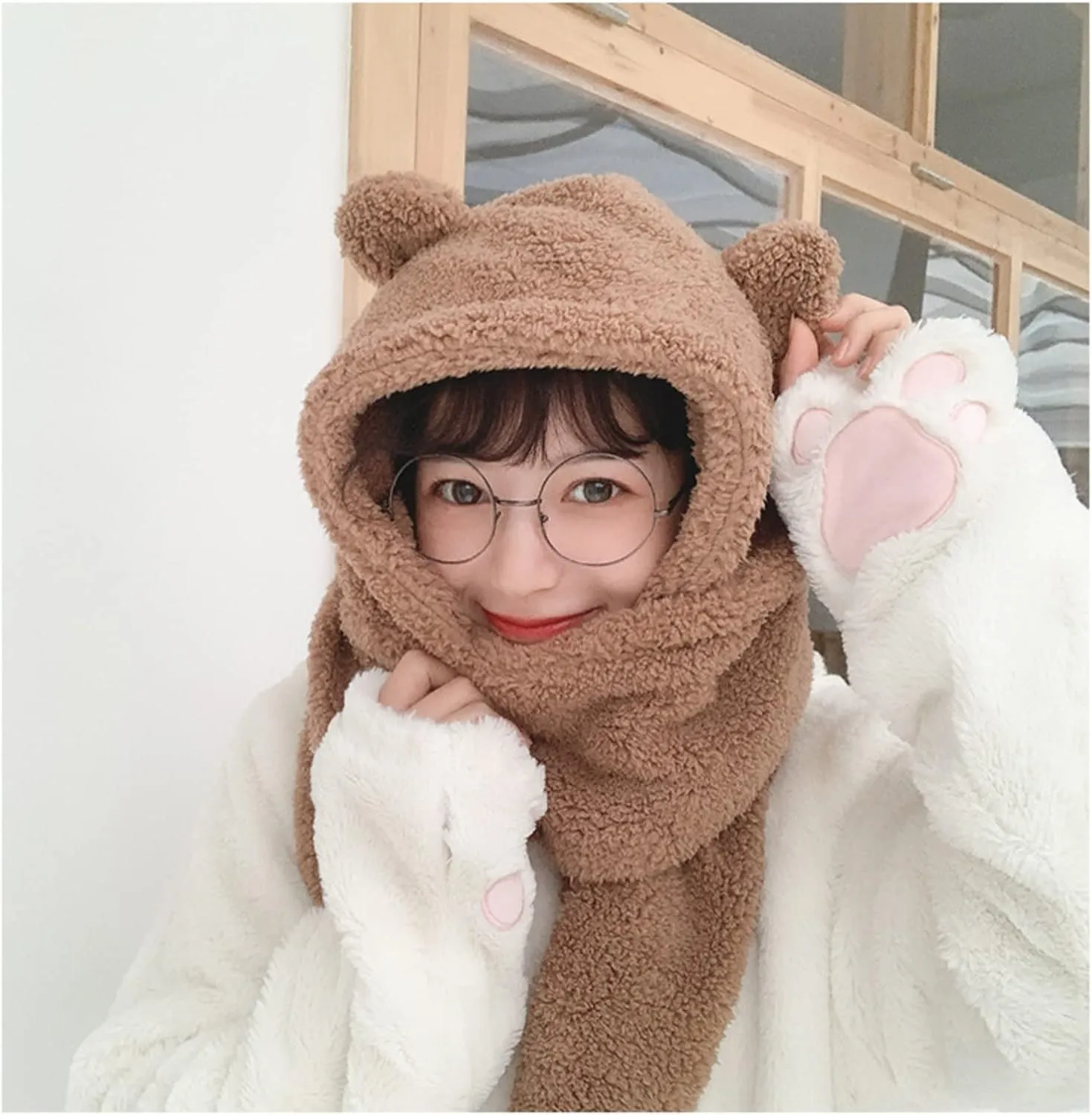 Women Kawaii Bear Ear Beanie Hat Scarf 2 in 1 - Cute Winter Warm Sherpa Thicken Fleece Fuzzy Japanese Fluffy Knit Hat Cap