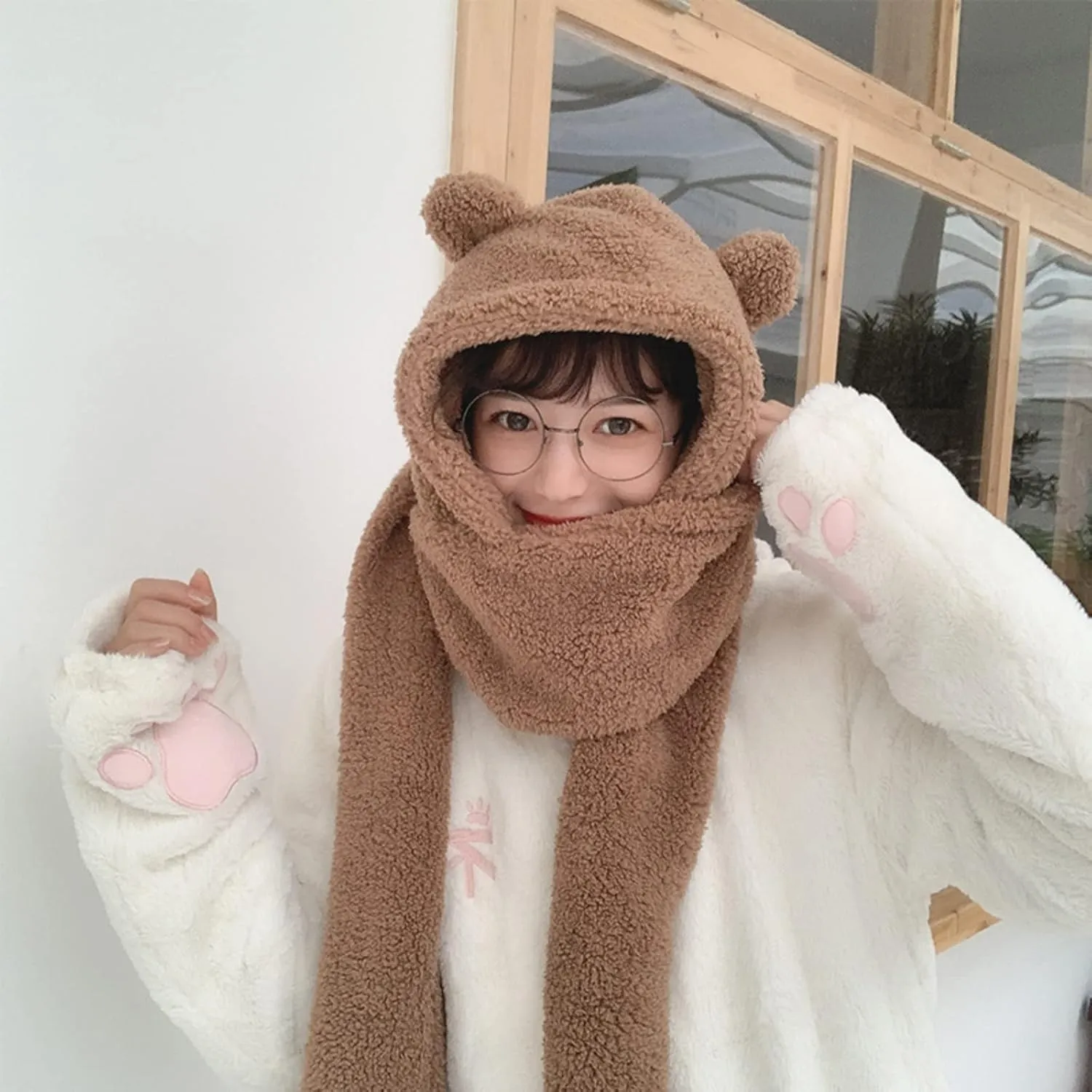 Women Kawaii Bear Ear Beanie Hat Scarf 2 in 1 - Cute Winter Warm Sherpa Thicken Fleece Fuzzy Japanese Fluffy Knit Hat Cap